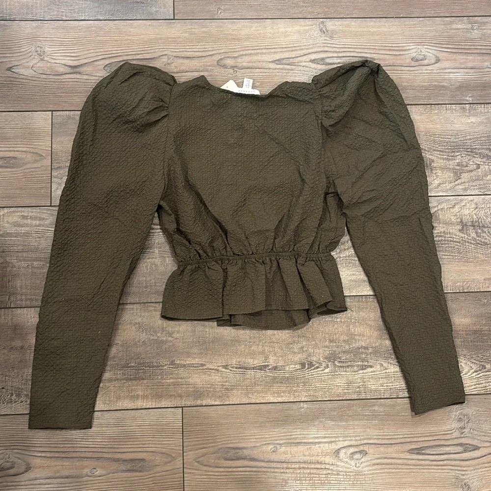 Topshop Puff Sleeve Tie Front Textured Top In Khaki